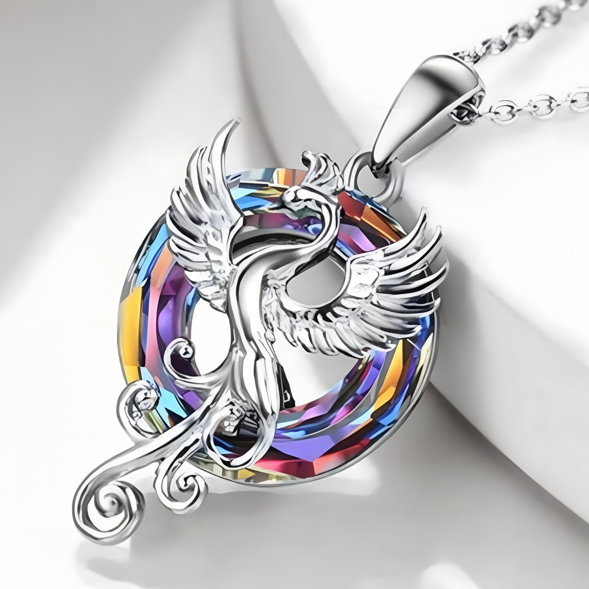 Dazzling Phoenix Bird Crystal Necklace - Silver Tone & Colorful Iridescent B81