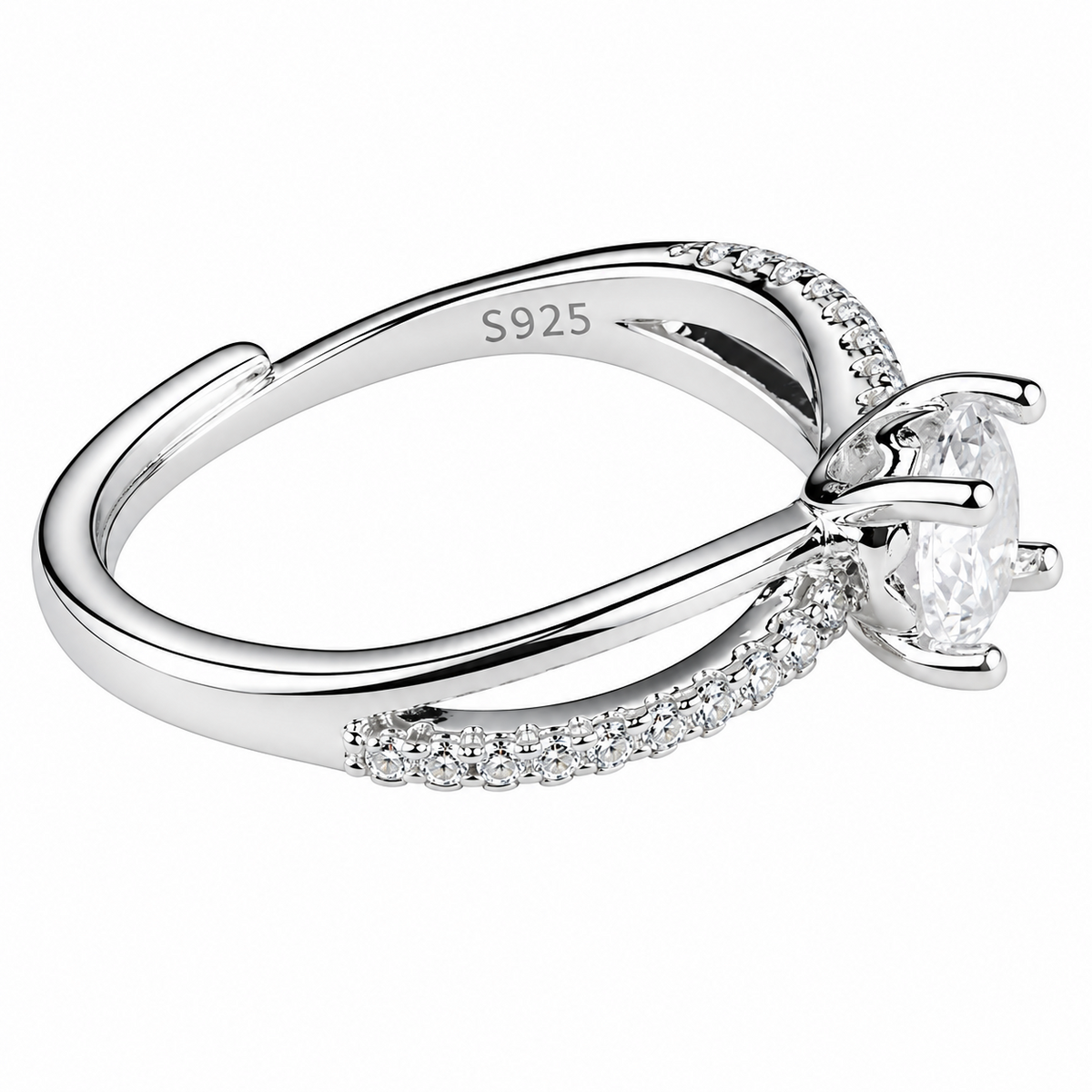 Adjustable Round Brilliant Zircon Engagement Ring, Silver Tone Twisted Pave 1655