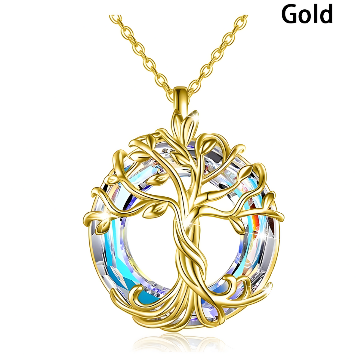 Gold Celtic Tree of Life Necklace with Dazzling Crystal Family Harmony Gift B77