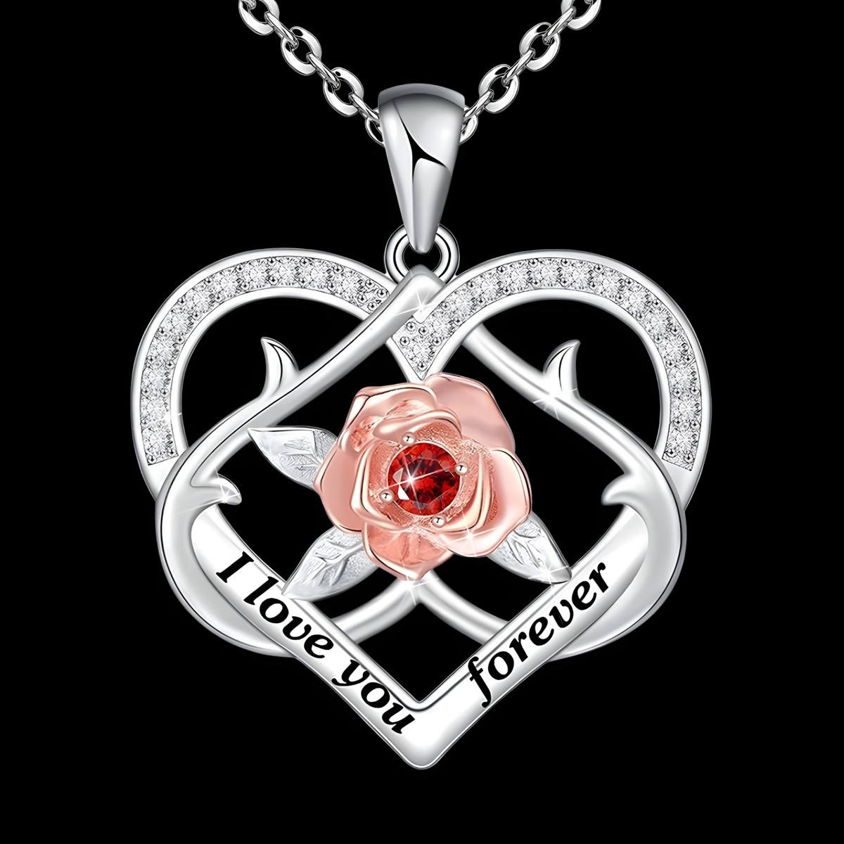 Rose Heart ‘I Love You Forever’ Necklace for Women –Zinc Alloy Double Heart 1157