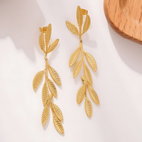 Golden Stainless Steel Leaf Earrings - Simple Nature Inspired Drop Jewelry B40