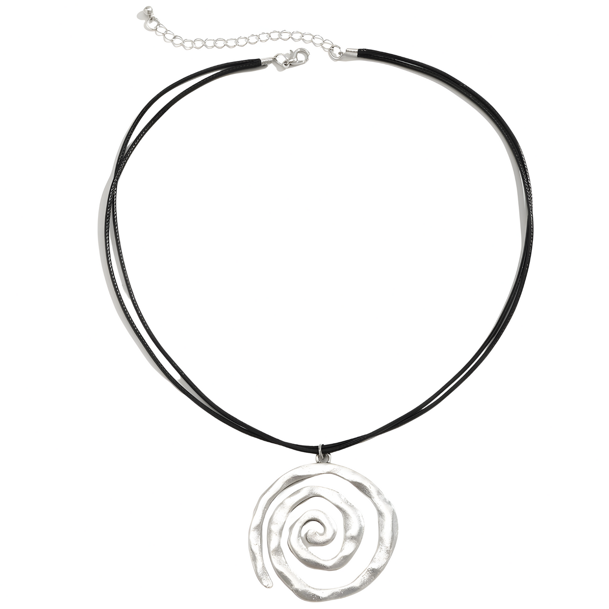 Spiral Pendant Necklace - Rhodium-Plated Base Metal Spiral Charm on Black 1492