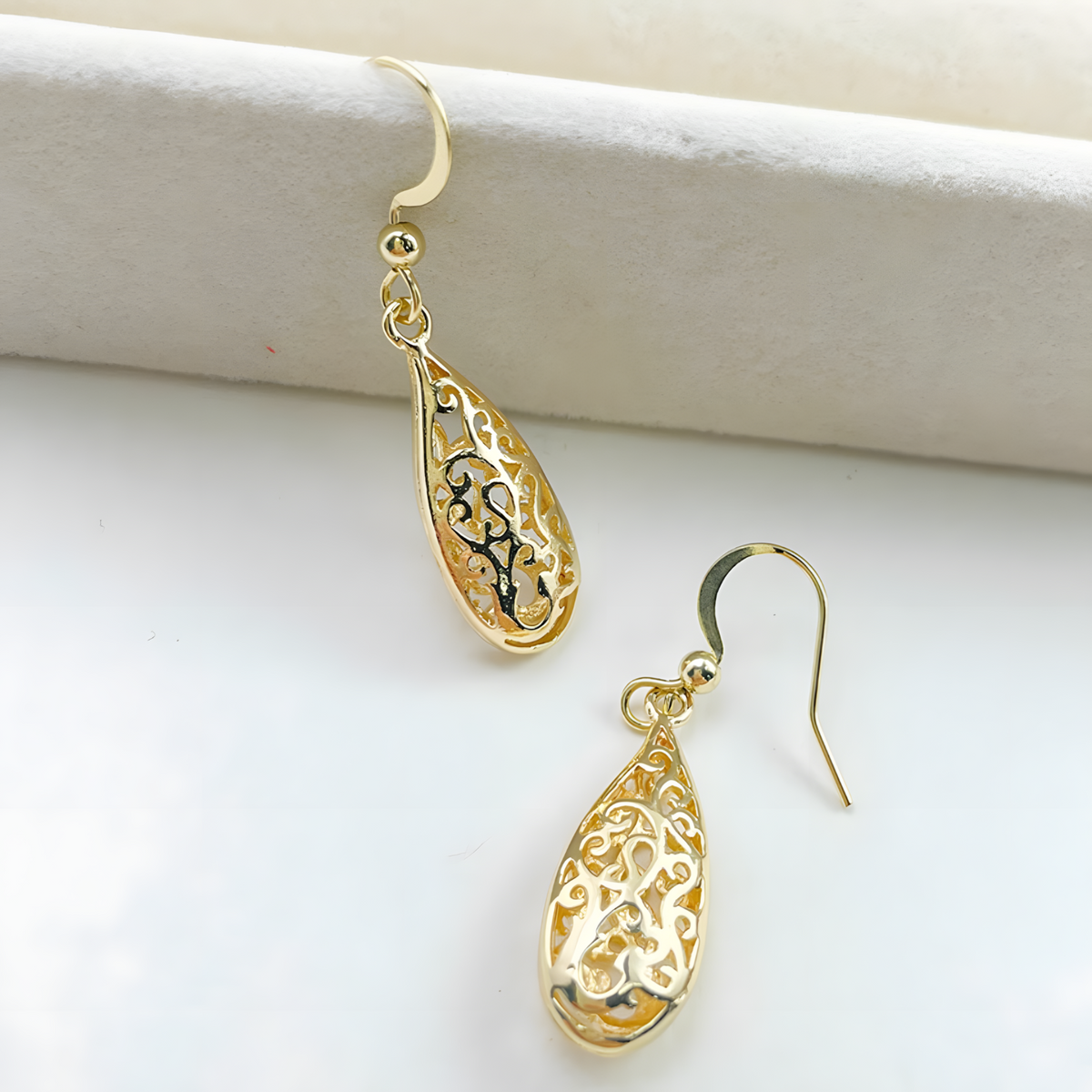 Gold Plated Brass Filigree Teardrop Dangle Earing Elegant Lightweight Design B19