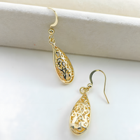 Gold Plated Brass Filigree Teardrop Dangle Earing Elegant Lightweight Design B19
