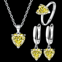 925 Sterling Silver Yellow Heart Crystal Necklace Earrings Ring Set B32