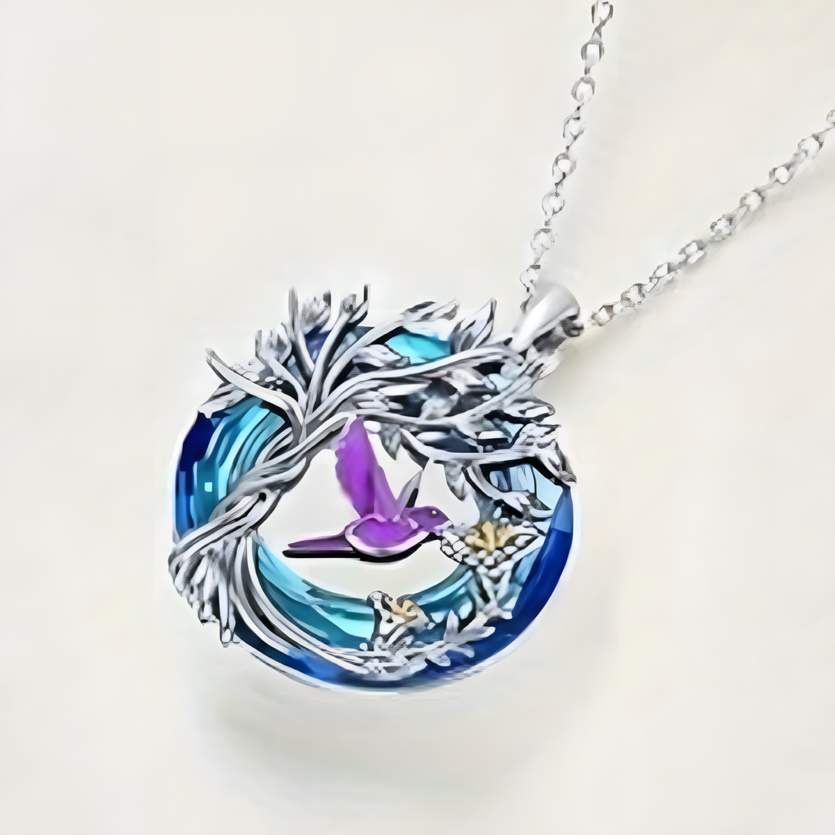 Tree of Life Hummingbird Necklace 925 Sterling Silver Pendant Blue Crystal - B57