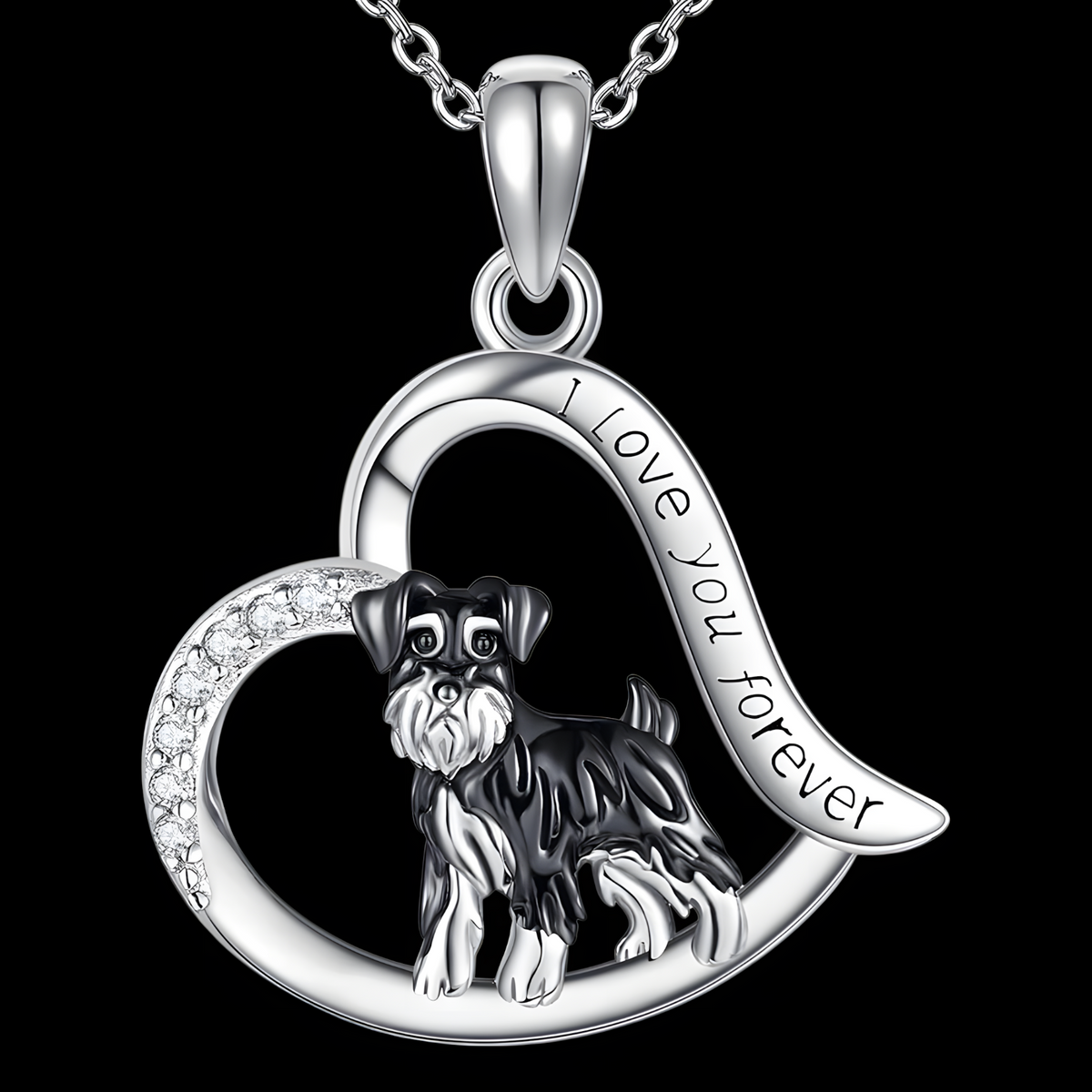 Silver Plated Schnauzer Dog Heart Pendant Necklace 45cm Chain Love Dog 1252