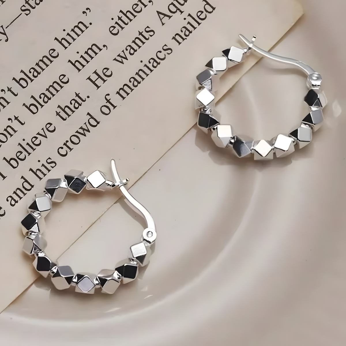 Geometric Bead Hoop Earrings for Women – Trendy Silver-Tone Hoops Zinc Alloy 863