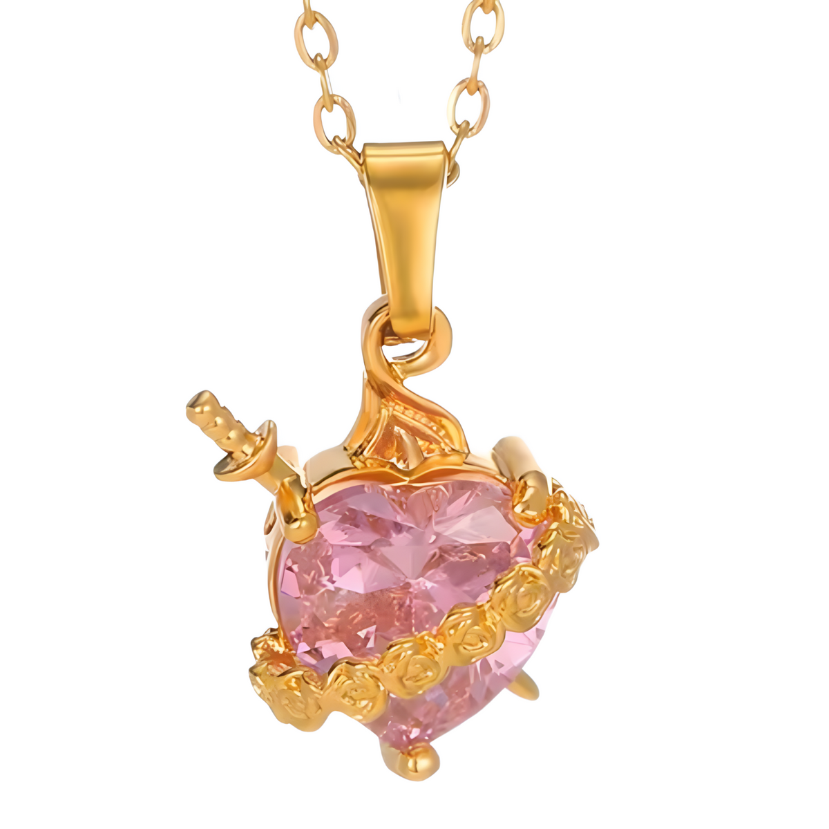 Women's Gold Plated Heart Necklace, Pink Zircon Pendant Cupid Arrow B173