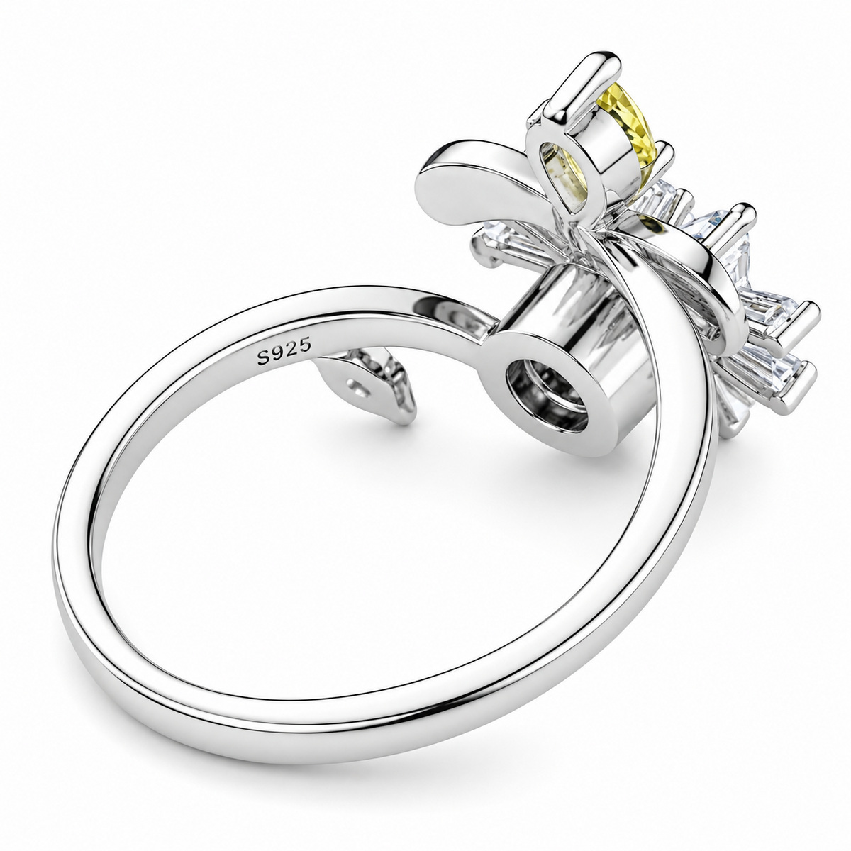 Crystal Floral Rotatable Ring For Women, Adjustable Silver Tone Spinner 1517