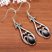 925 Sterling Silver Vintage Teardrop Filigree Dangle Earring with Black Onyx 153