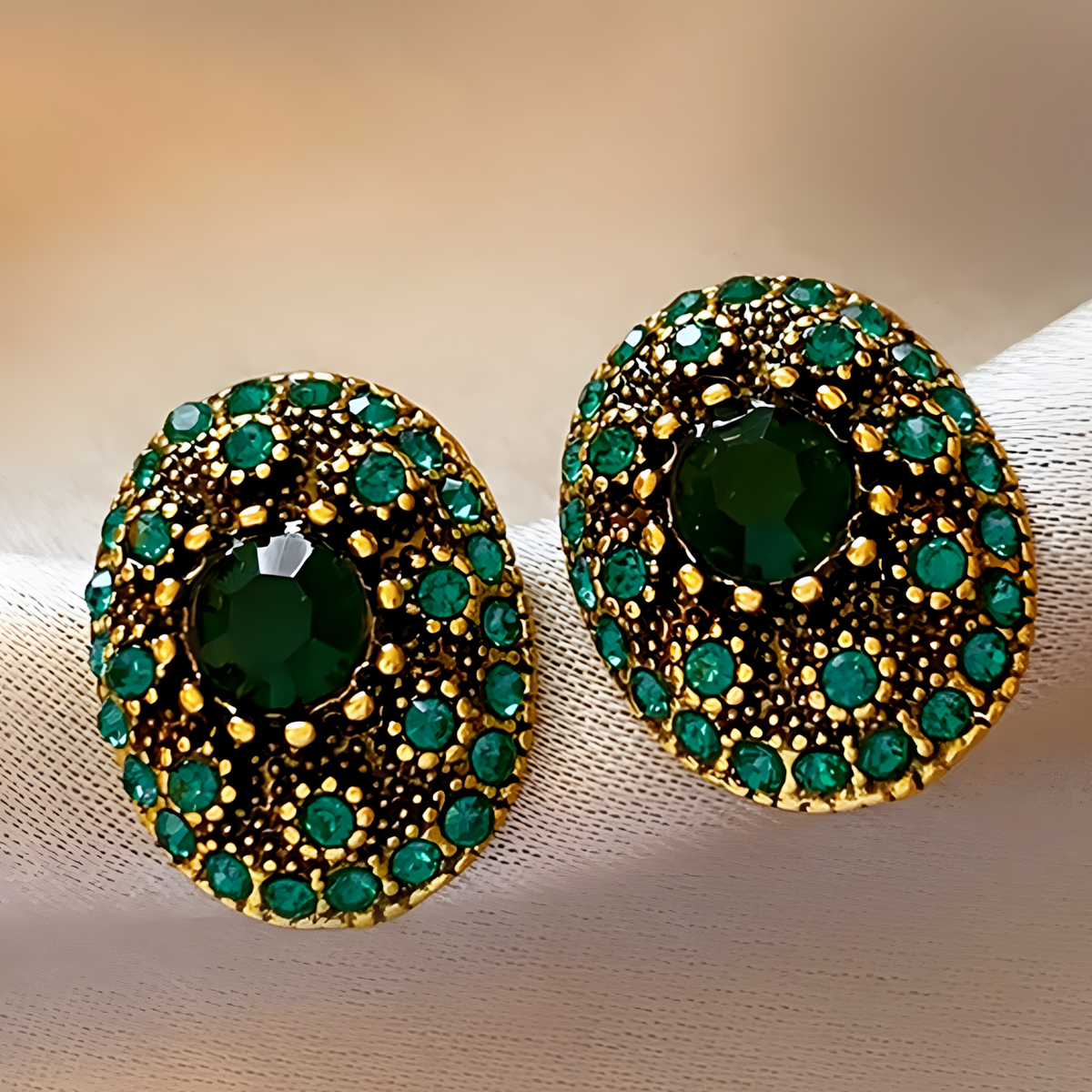 Vintage Green Crystal Oval Stud Earrings For Women Gold-Plated Copper 1462