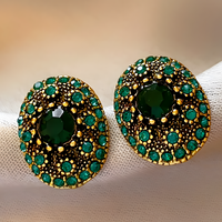 Vintage Green Crystal Oval Stud Earrings For Women Gold-Plated Copper 1462