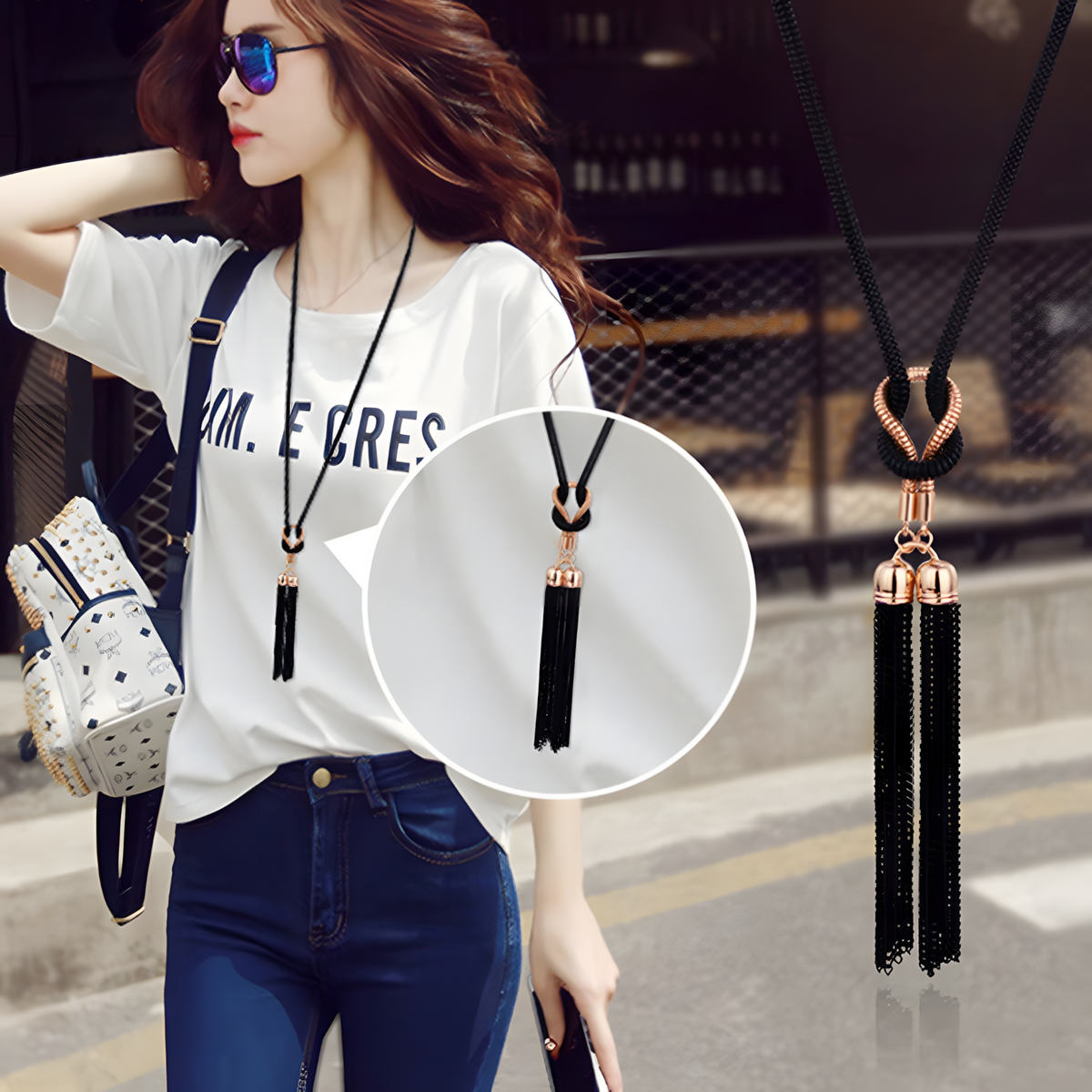 Black Mesh Sweater Chain Necklace with Gold-Plated Tassel Pendant-72cm Long 1448