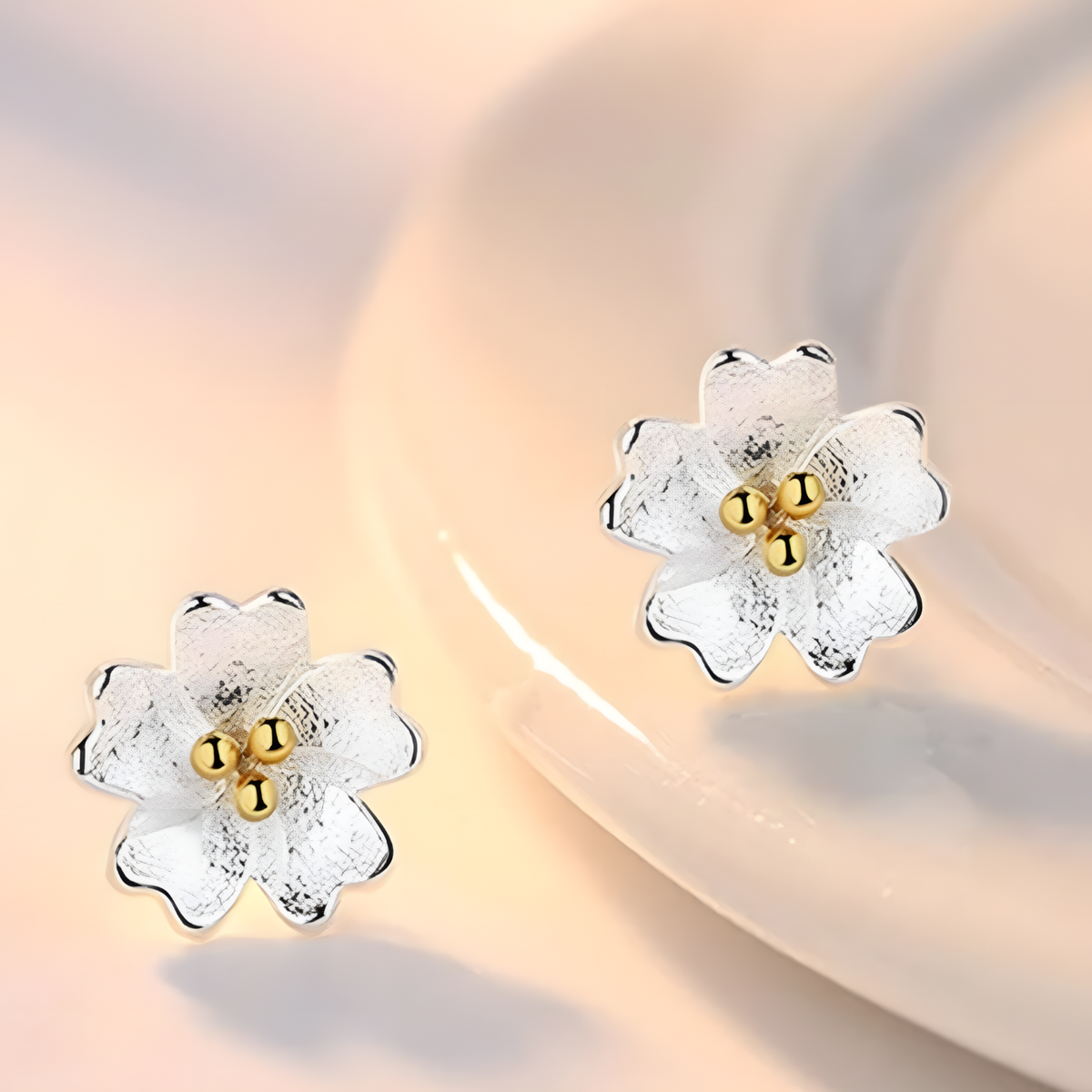 Silver Plated Flower Stud Earrings with Gold Ball Centre for Women 483