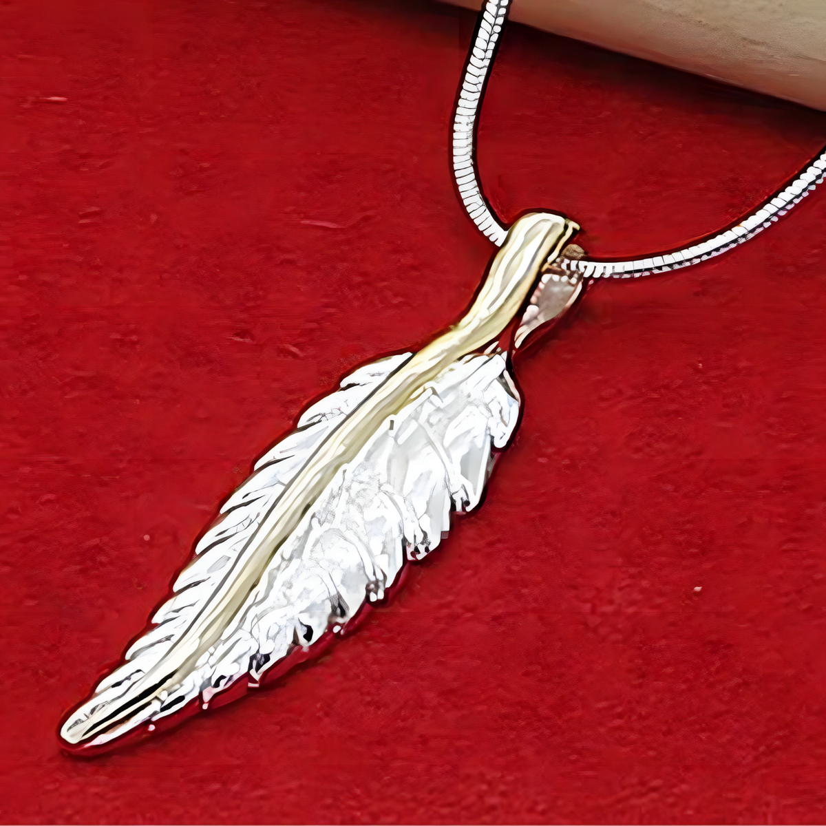 Feather Pendant Necklace 18 Inch Snake Chain - Two Tone Textured Feather 1500