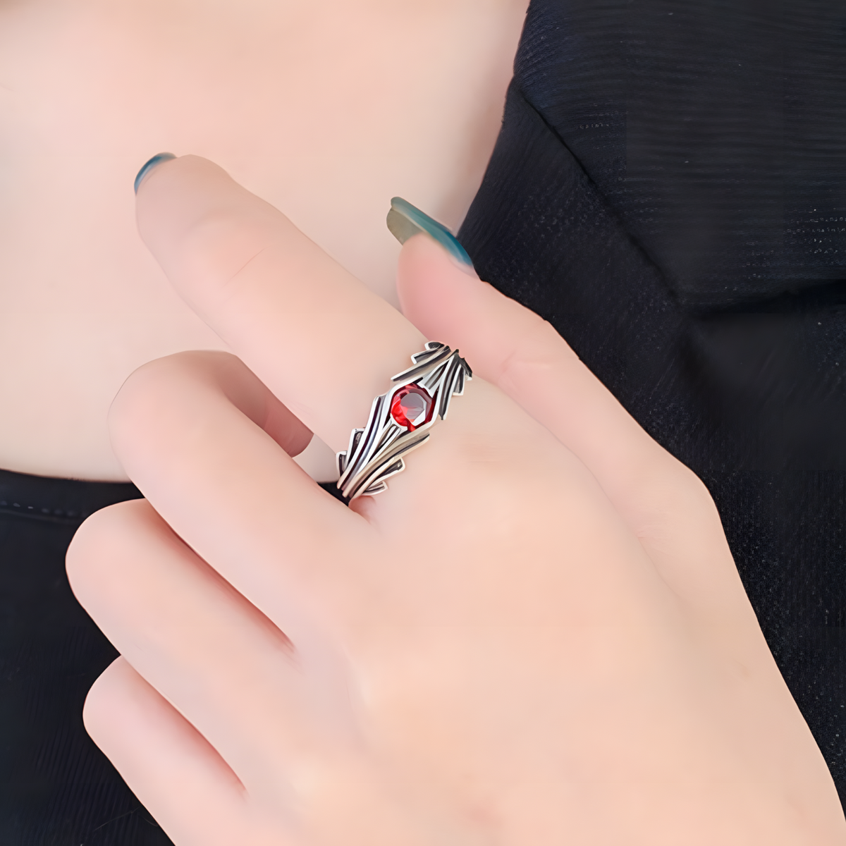 Red Stone Open Adjustable Ring For Women Silver Tone Wing Feather Leaf 1754