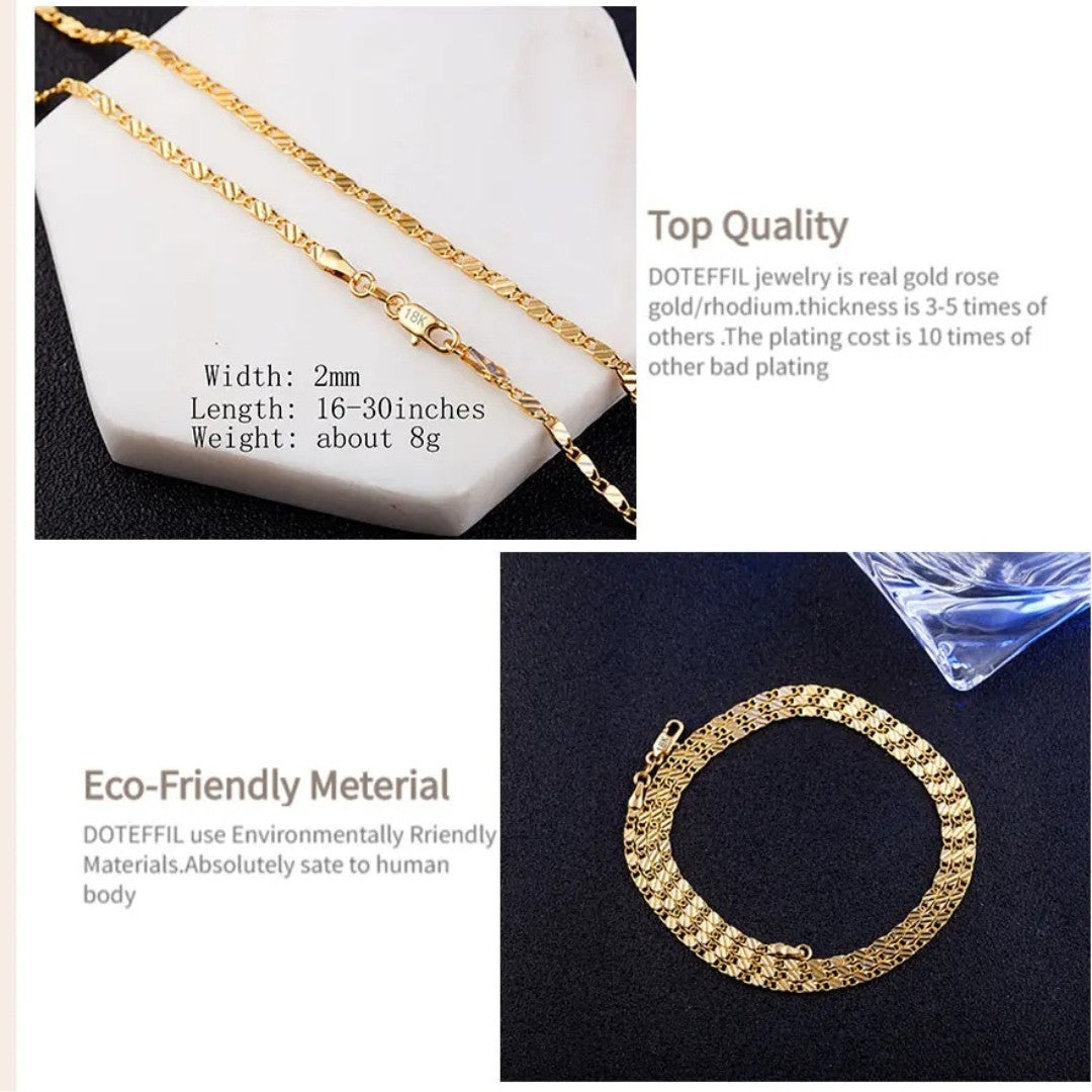 18K Gold Plated Chain Necklace, 2mm Wide, Adjustable Eco-Friendly Material 440