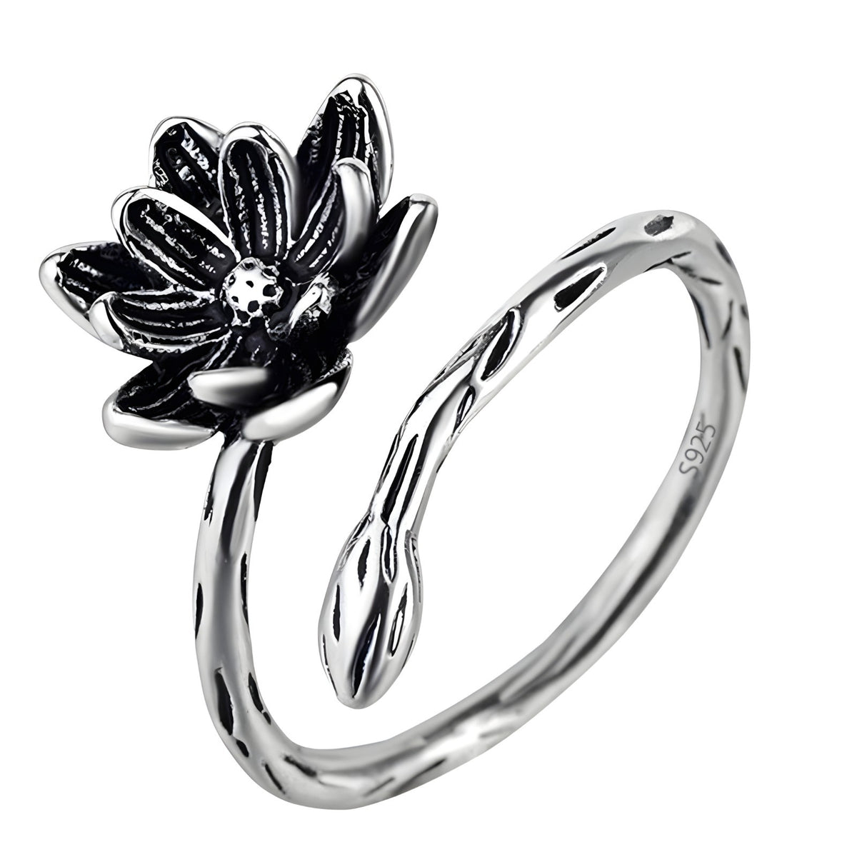 925 Sterling Silver Lotus Flower Ring (Adjustable) - Bohemian Vintage Floral 387