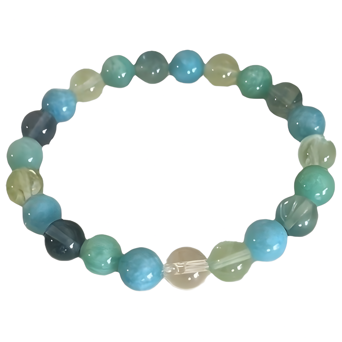 Inner Strength Bracelet-Fluorite, Aquamarine & Amazonite 8mm Beaded Stretch 1494