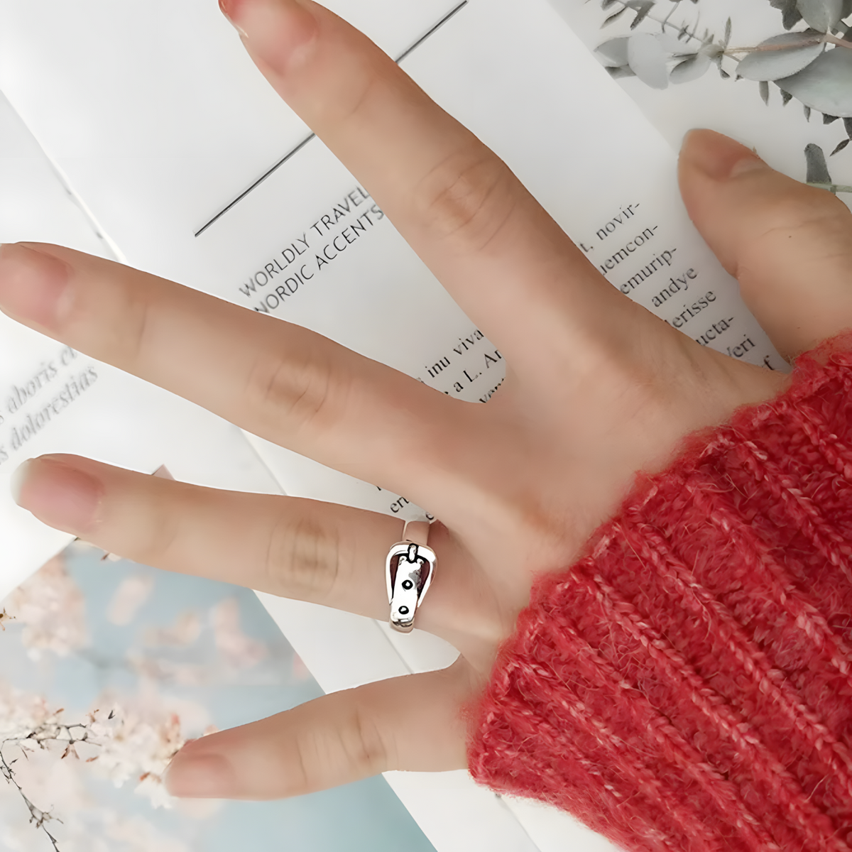 Silver Buckle Ring, S925 Sterling Silver CZ Adjustable Belt Ring, Stackable 494