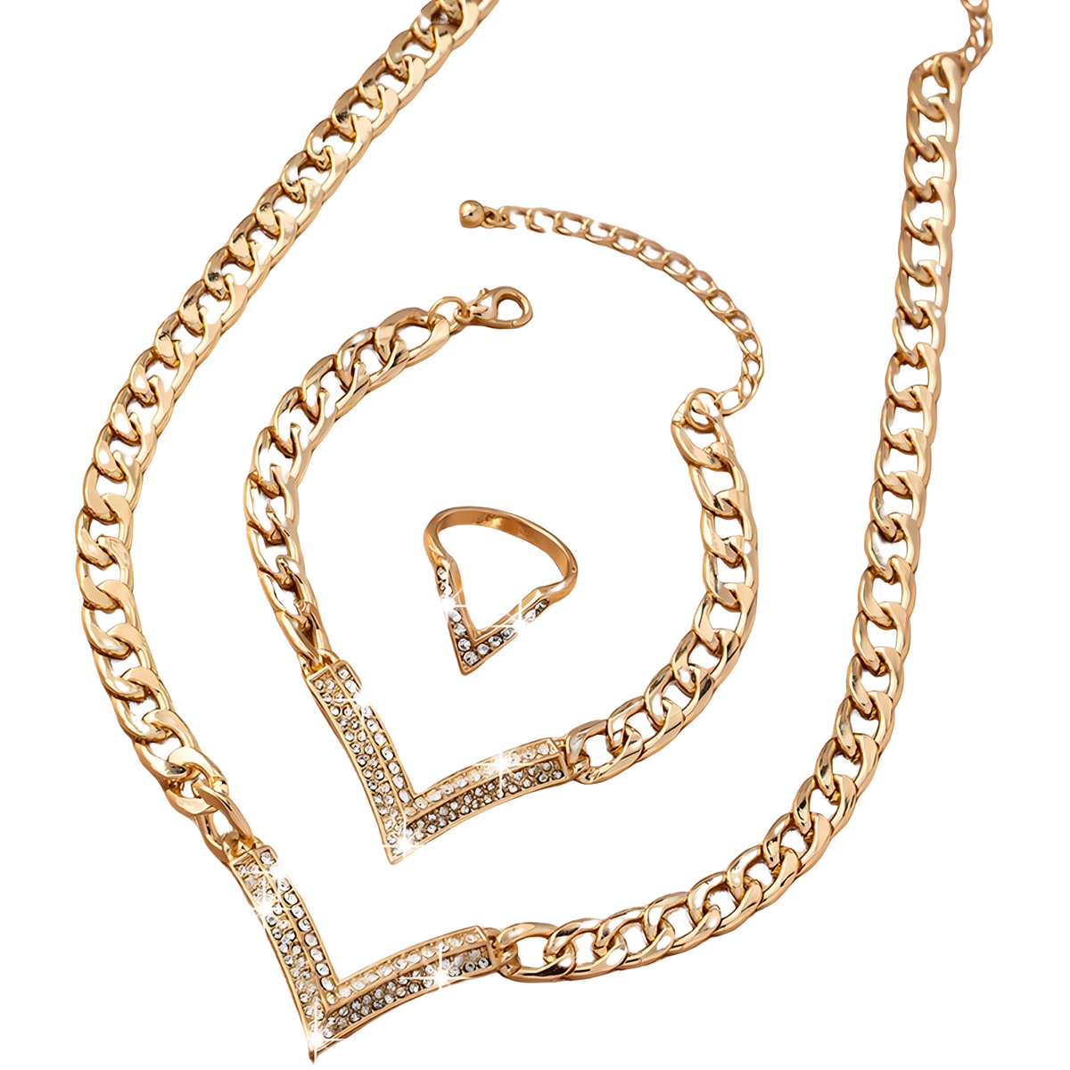 3 PCS Gold V-Shape Rhinestone Jewelry Set Women Sparkling Necklace, Bracelet 710