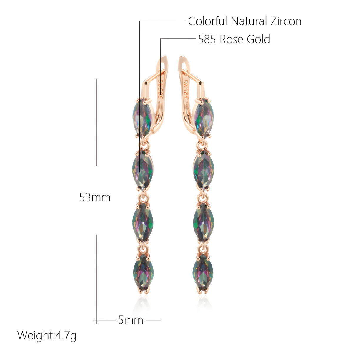 Colorful Natural Zircon Long Drop Earrings Women, Copper Base 585 Rose Gold 1278