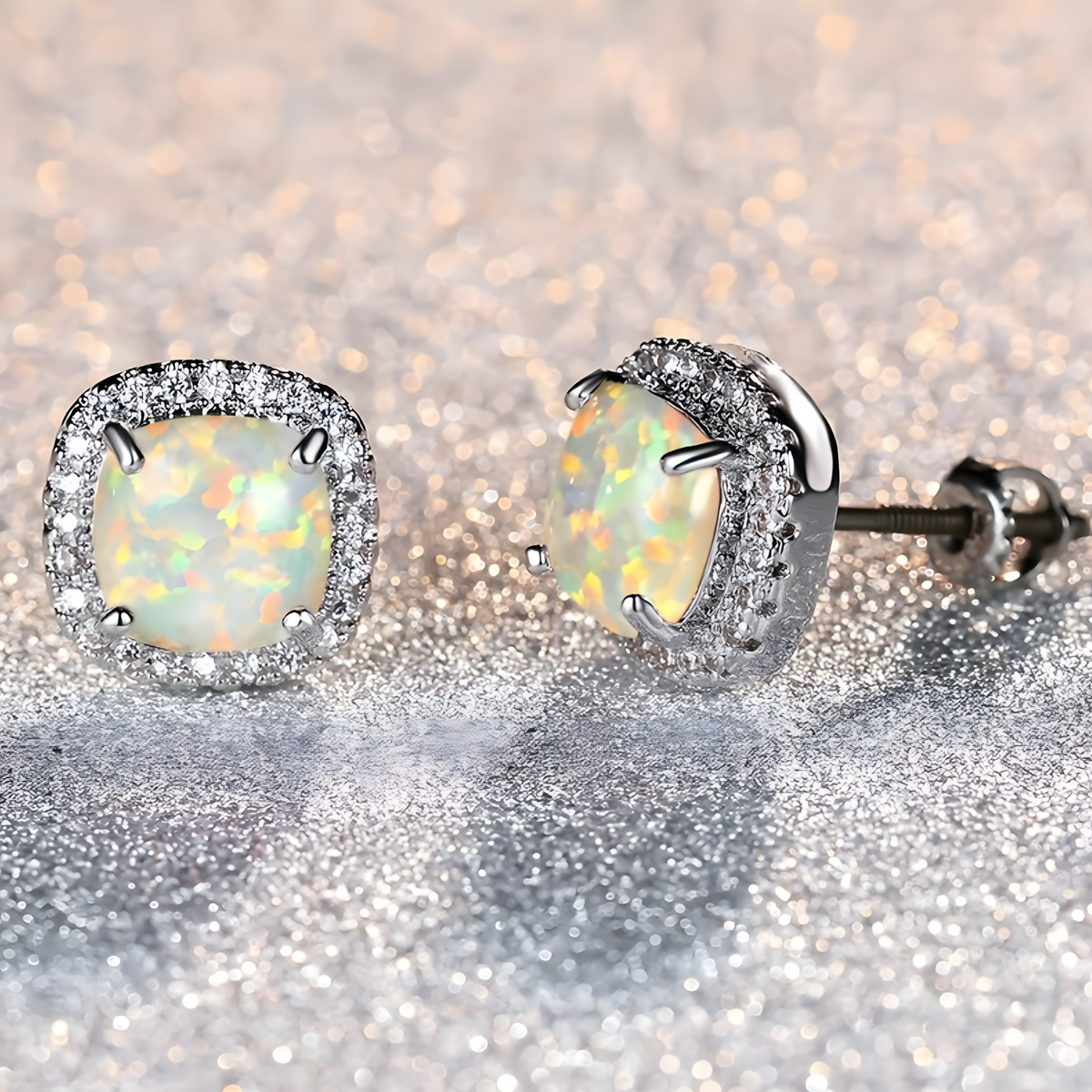 Silver Color Round Wedding Jewelry Stud Earrings with White Fire Opal Stone 601