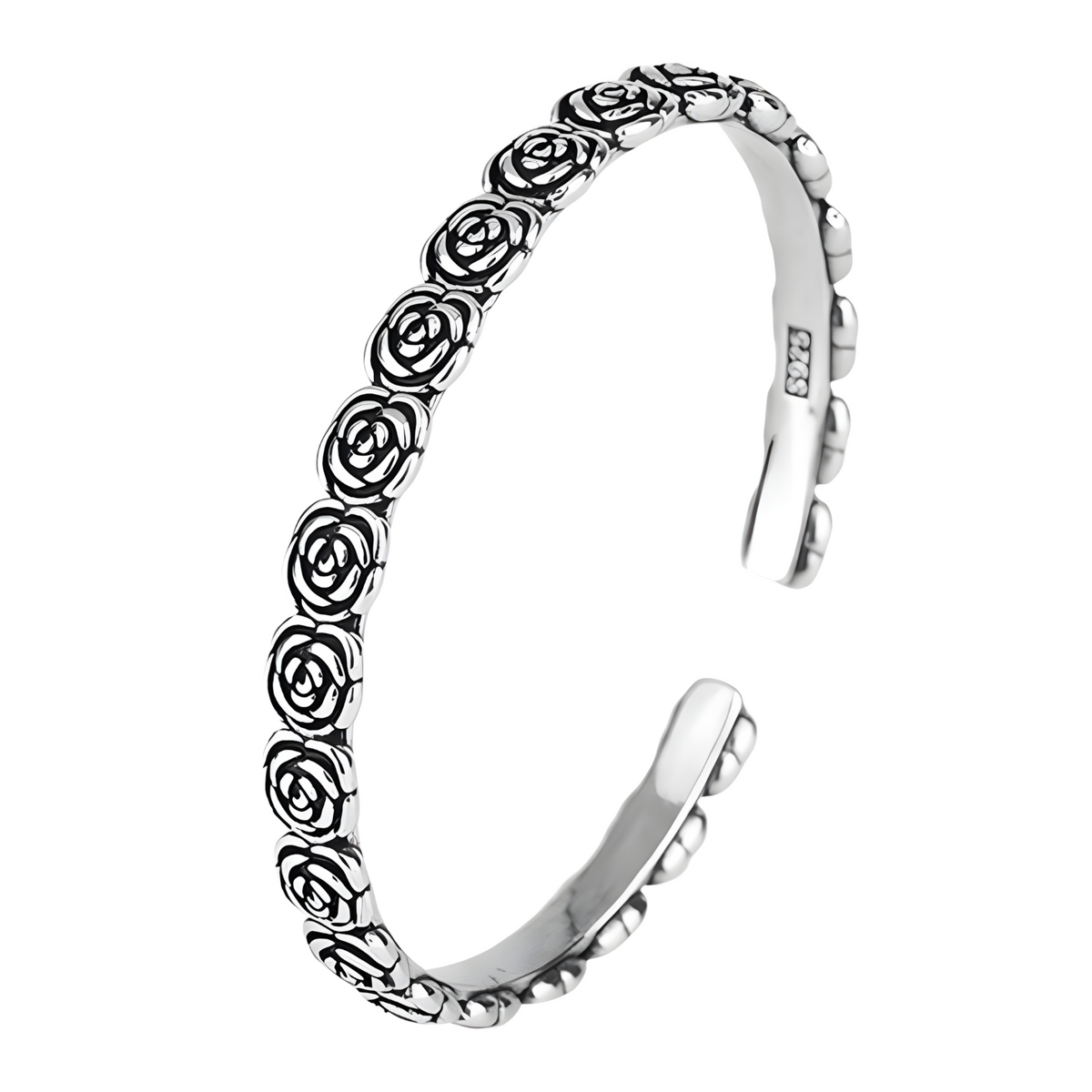 Rose-Pattern Open Cuff Bracelet Silver-Plated Alloy 20g Adjustable Bangle 1475