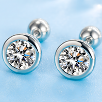 925 Silver-Plated Bezel Round Stud Earrings Clear Zircon Crystal Screw-Back 947