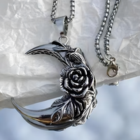 Vintage Crescent Moon Rose Pendant Necklace - Gothic Romantic Moon & Rose 1482