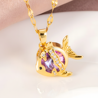 Stainless Steel Gold Colour Fish Pendant Necklace Women – Purple Crystal 1177