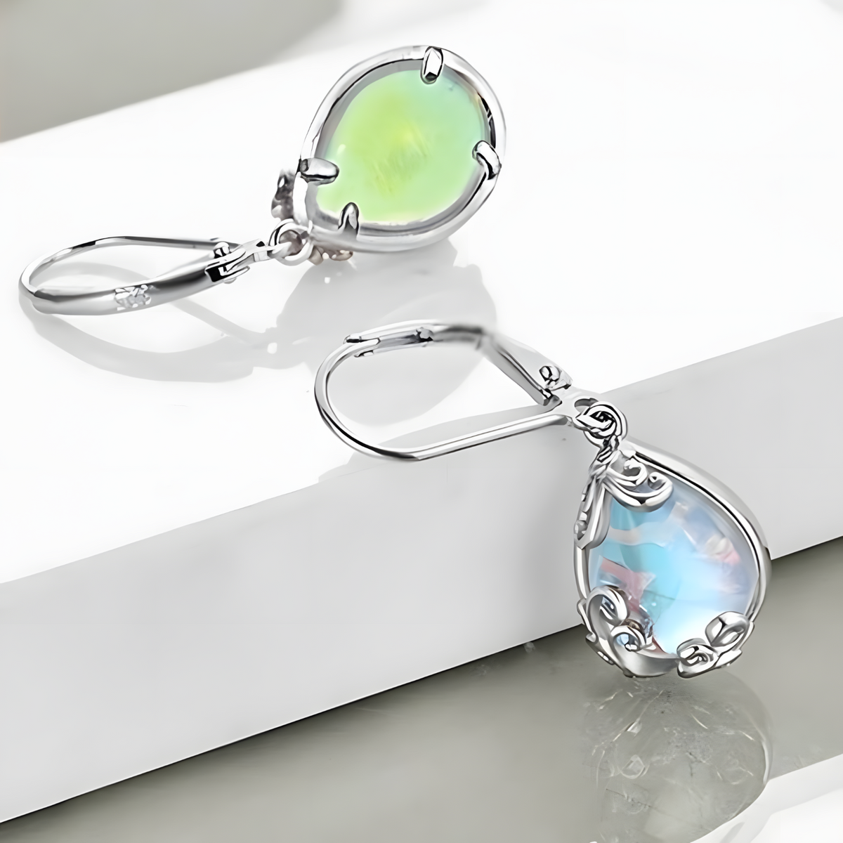 Blue Moonstone Teardrop Dangle Earrings -Filigree Teardrop Dangle Leverback 1451