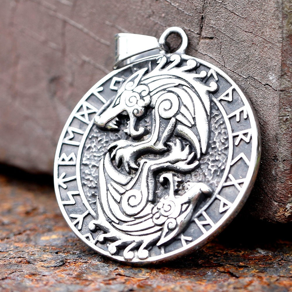 Viking Wolf Pendant Necklace For Men Round Ethnic Nordic Rune Amulet Circle 1129