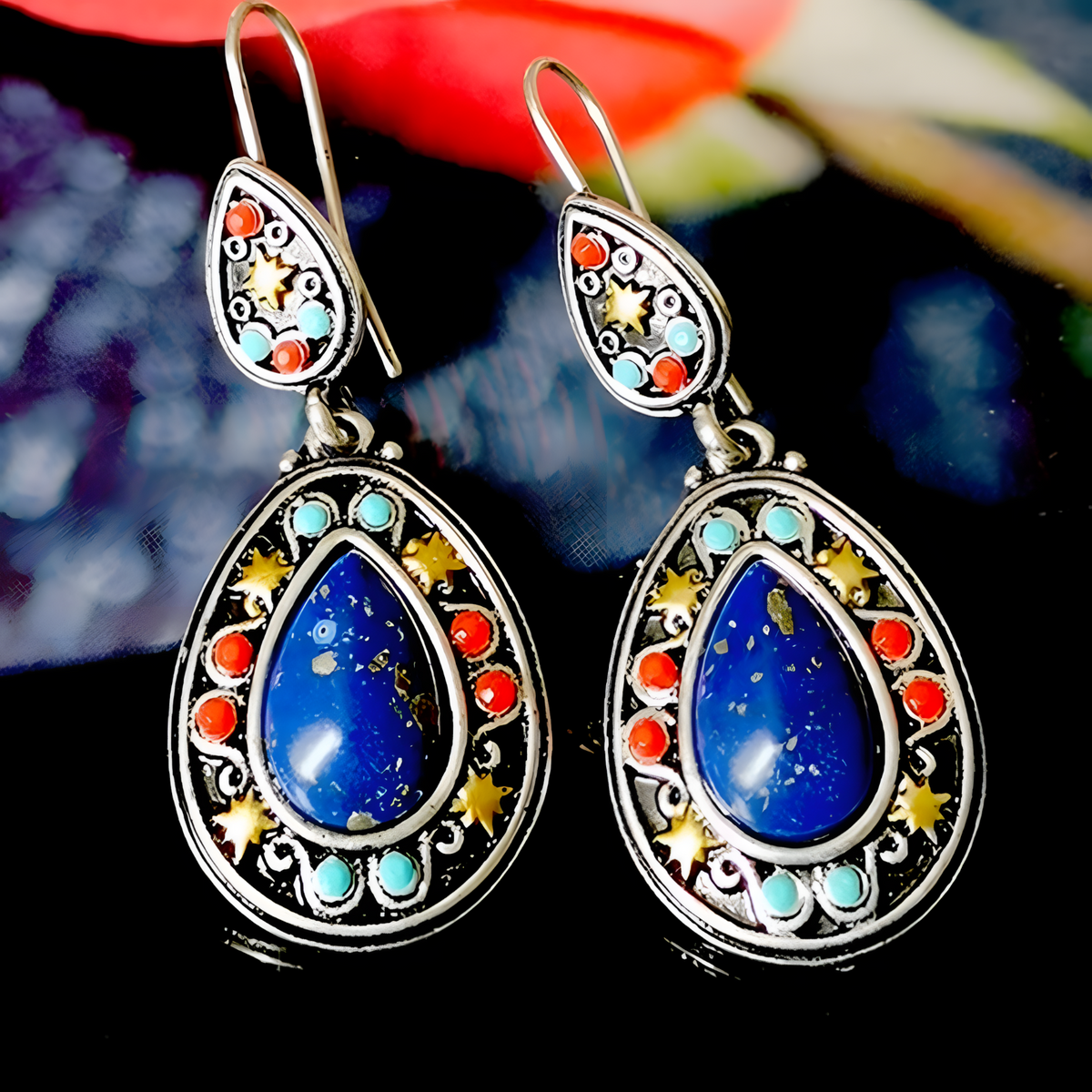 Vintage Water Drop Dangle Earrings Women Copper Alloy 925 Silver Plating - 1222