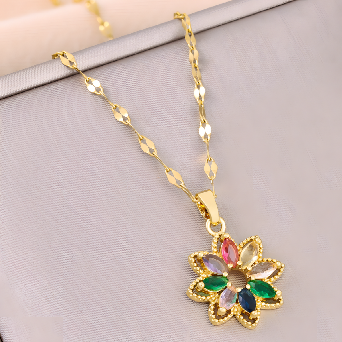 Luxury Gold Tone Flower Necklace With Multi Colour Marquise Cubic Zirconia 1439