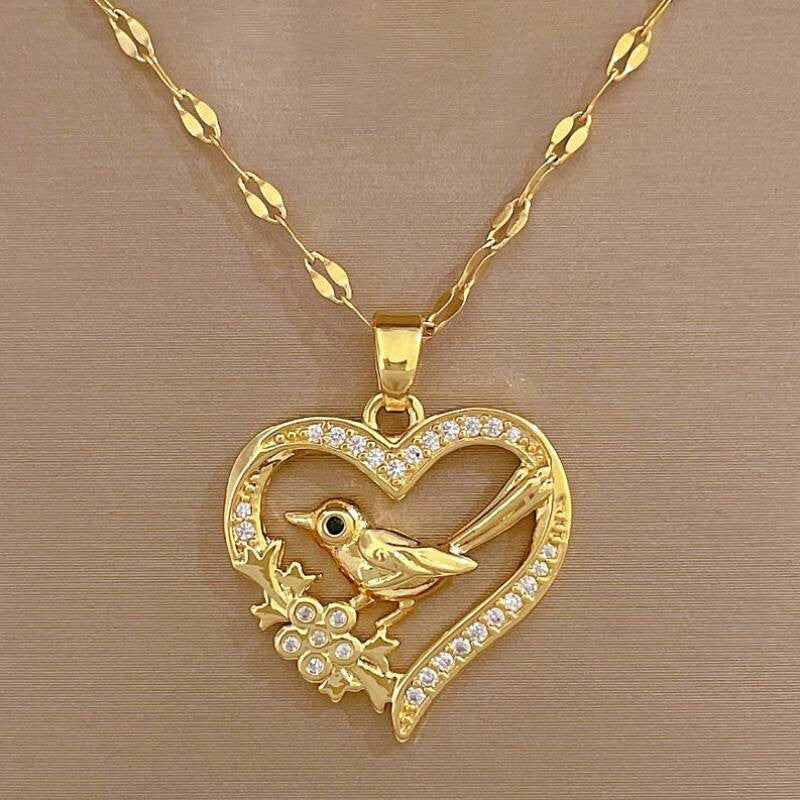 Exquisite Love Heart Bird Full Zircon Luxury Necklace, 14K Gold-Plated Chain 119