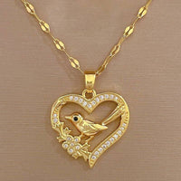 Exquisite Love Heart Bird Full Zircon Luxury Necklace, 14K Gold-Plated Chain 119