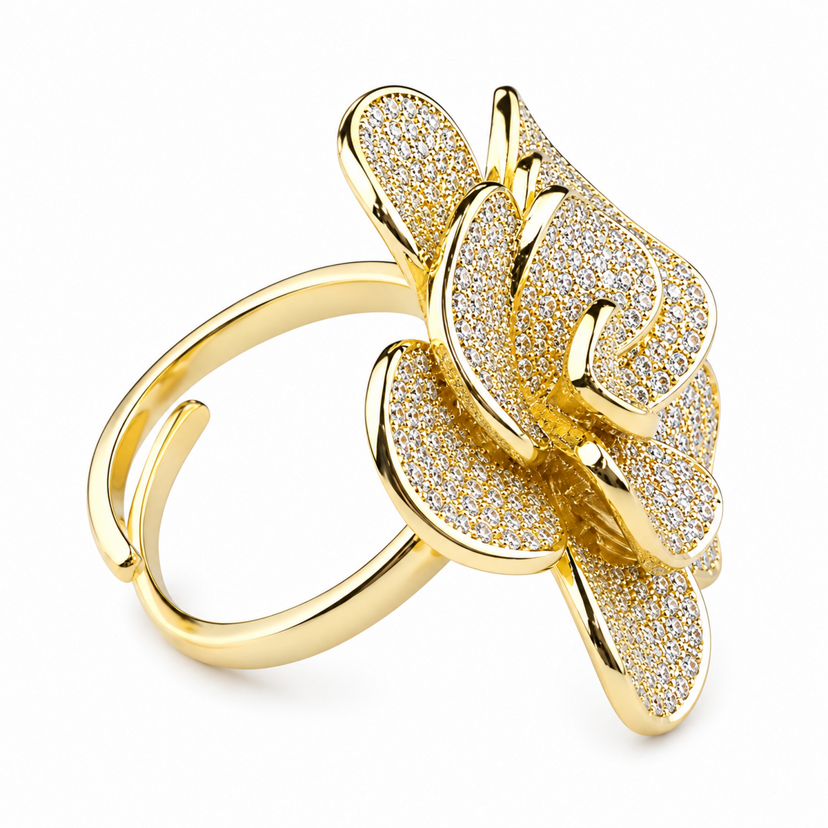 Luxury Flower Statement Ring For Women, Gold Tone Adjustable Cocktail Ring 1504