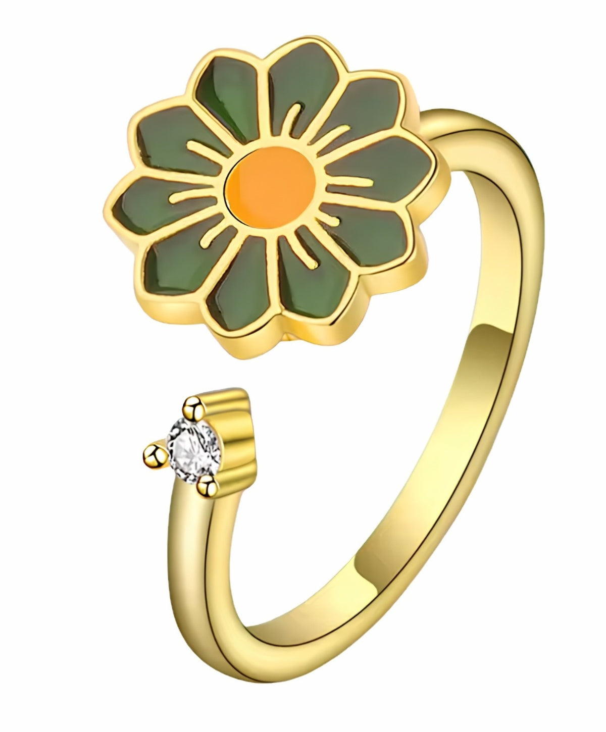 Daisy Flower Adjustable Open Ring Gold Tone Statement Ring Clear Accent 1595
