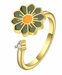 Daisy Flower Adjustable Open Ring Gold Tone Statement Ring Clear Accent 1595