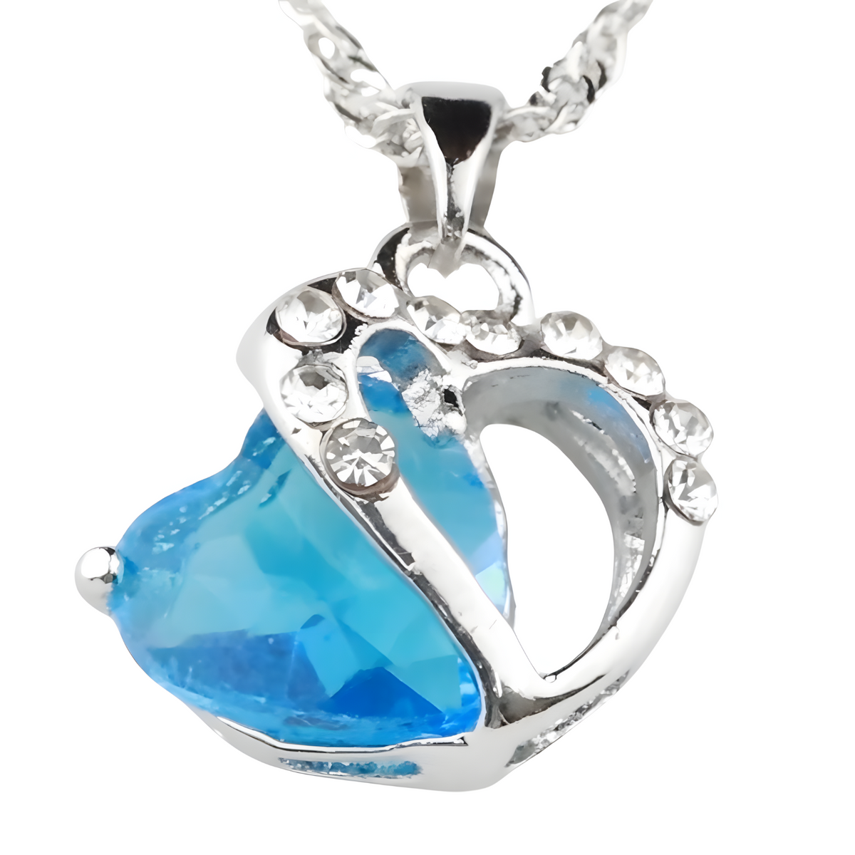 Sky Blue Heart Crystal Necklace and Earrings Set for Women,Aquamarine Color 1302