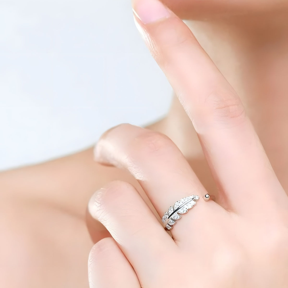 925 Sterling Silver Leaf Ring, Adjustable Open Band CZ Stone Nature Inspired 377