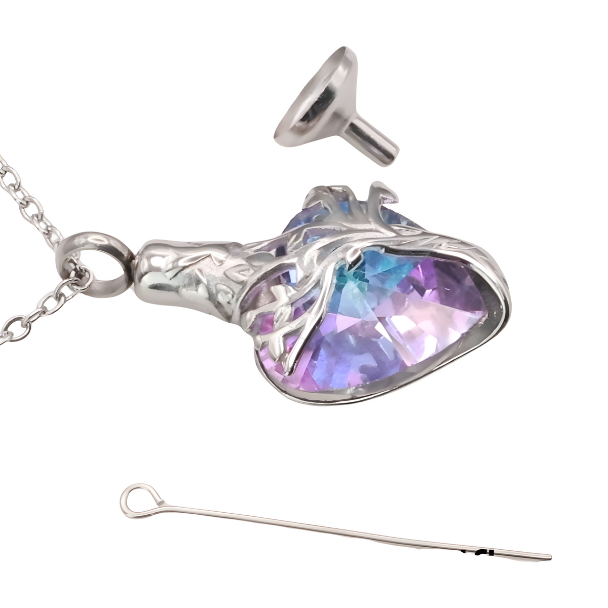 Heart Tree of Life Urn Necklace Crystal Funnel Filler 316L Stainless Steel B207