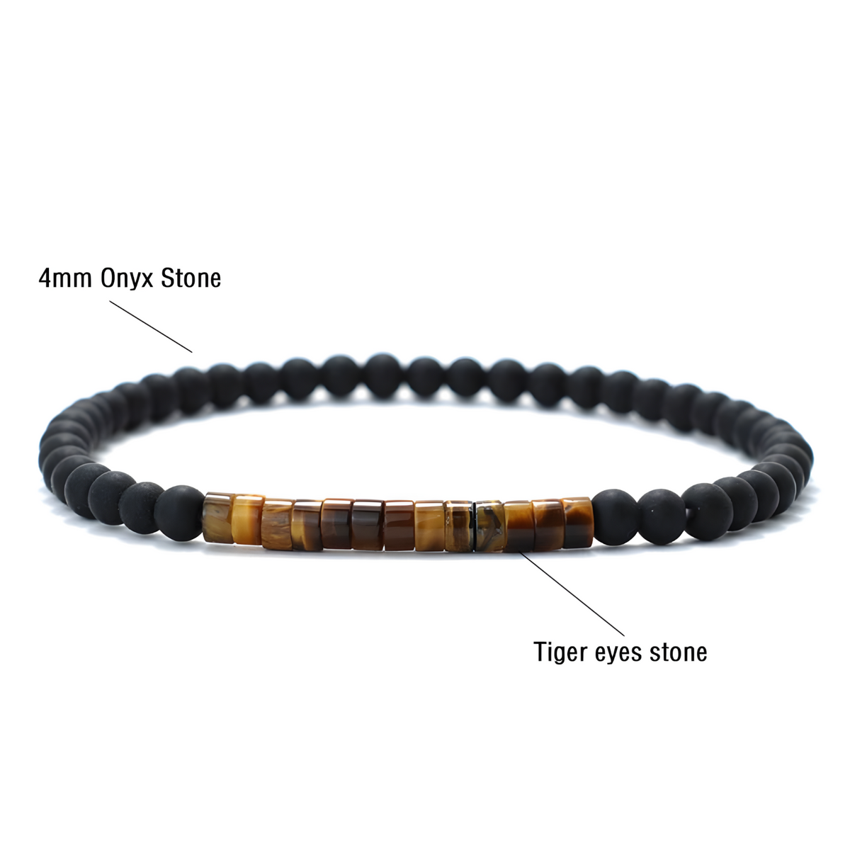 Natural Stone Chakra Bracelet, 4mm Black Onyx Matte Beads Tiger Eye Accents B123