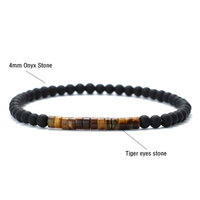 Natural Stone Chakra Bracelet, 4mm Black Onyx Matte Beads Tiger Eye Accents B123