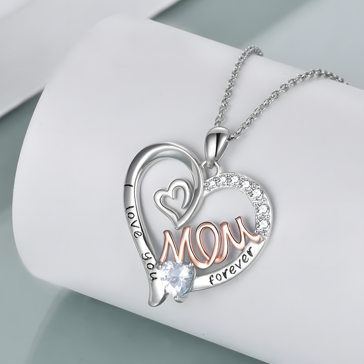 Mothers Heart Necklace Two-Tone 'I Love You Mom Forever' Pendant White Gold B174