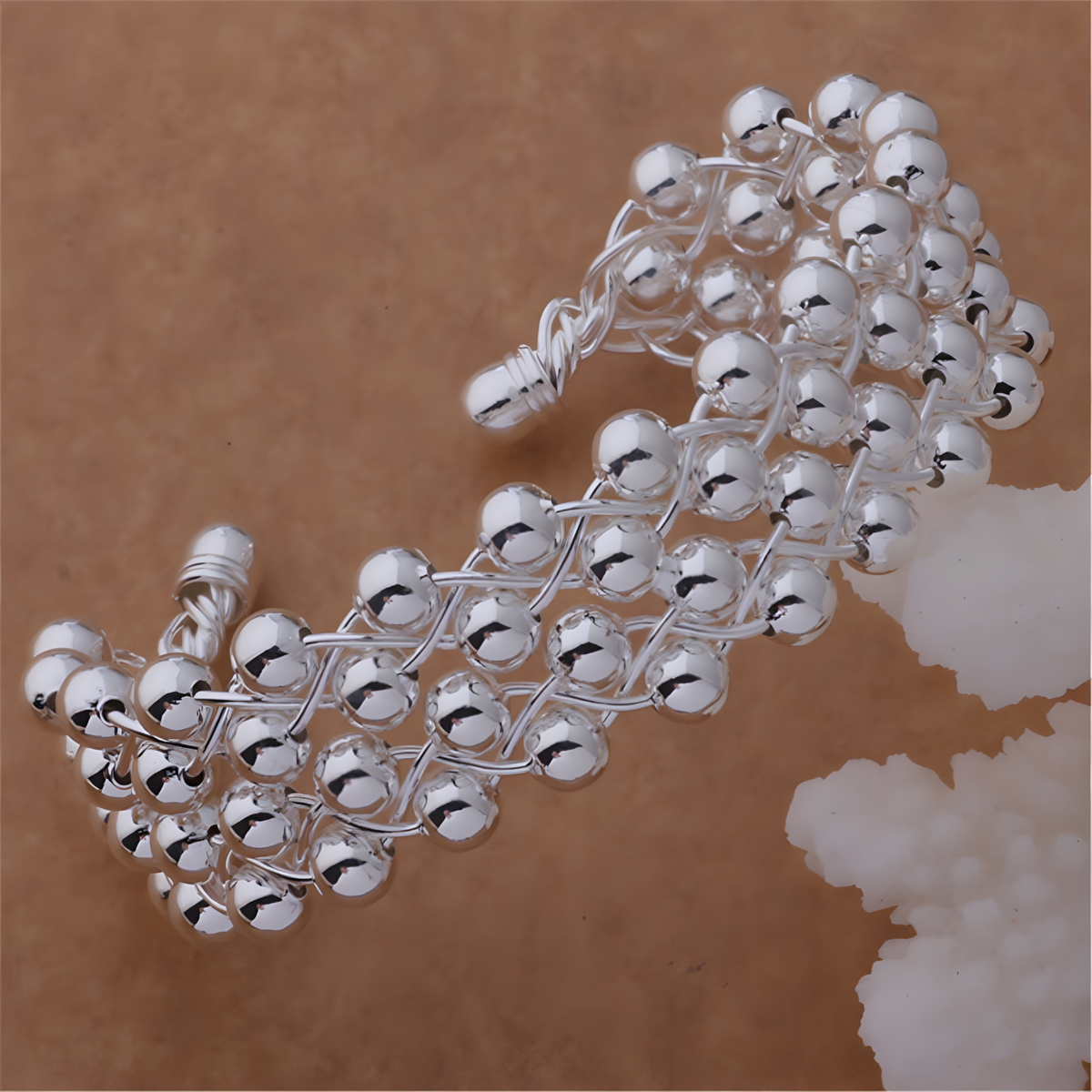 925 Sterling Silver Full Smooth Beads Bangle Bracelet For Woman Man Wedding 1777