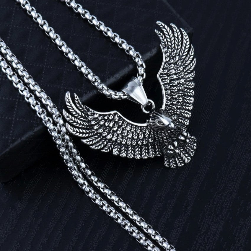 Gothic Eagle Wings Pendant Necklace, 60 cm Silver Tone Box Chain Necklace 1889