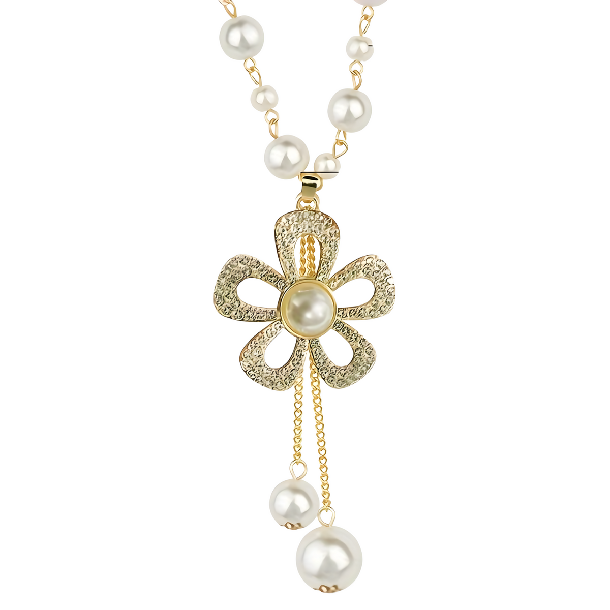Flower Pearl Pendant Necklace for Women – Elegant Long Link Chain Rhinestone 693